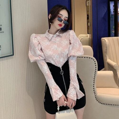LLZACOOSH New Womens 2 Piece Set Spring Elegant Puff Sleeve Jacquard Office Shirt Top + Sexy High Waist Slim Mini Skirts Suit