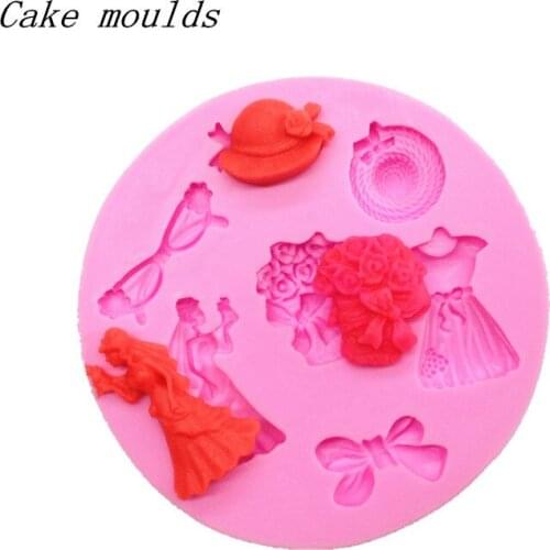 Wholesale Silicone mold K046 Mini woman dress hat glasses shape Decoration clay mold Fondant cake mold Baking mold