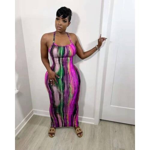 Echoine Tie Dye Print Striped Backless Long Maxi Dresses Women Sexy Skinny Fitness Cross Halter Robe Vintage Elegant Dresses