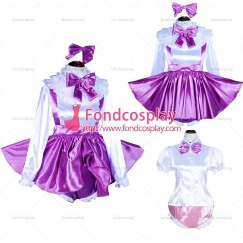 Fondcosplay adult sexy cross dressing sissy maid French Lockable purple satin skirt white shirt pink panties Tailor-made[G4037]