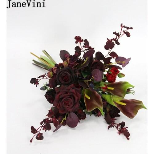 JaneVini Dark Red and Black Series Wedding Flowers Bridal Bouquets Artificial Silk Rose Calla Lily Fake Flower Home Decoration