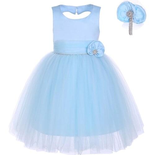 Girl 2021 Party Dress Blue Fresh Fancy Children Outfit Openback Layered Tulle with Handmade Headband Size 2 3 4 5 6 7 Years Old