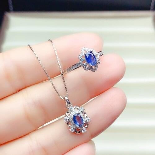 Vintage Natural Sapphire Jewelry 4*6mm Sapphire Ring and Sapphire Pendant Jewelry Set Solid 925 Silver Sapphire Jewelry for Lady