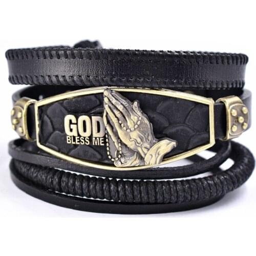 Vintage Black Bead Bracelets For Men Fashion Hollow Triangle Leather Bracelet & Bangles Multilayer Wide Wrap Jewelry