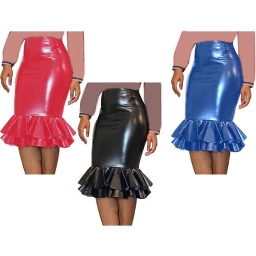 Women Faux Leather Skirt High Waist Fishtail Bodycon Midi Skirt 2020 Office Lady Tiered Ruffle Hem Knee Length Package Hip Party