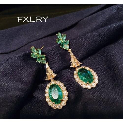 FXLRY New vintage gold color cubic zirconia green earring for women bride wedding gift