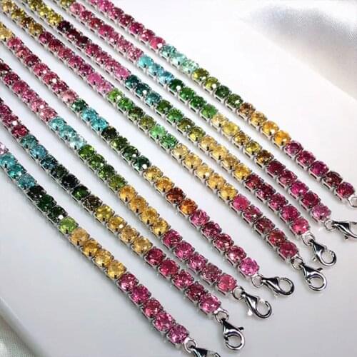 Nature rainbow color Tourmaline Square faceted s925 chain bracelet 19cm 3mm/4mm for women gift