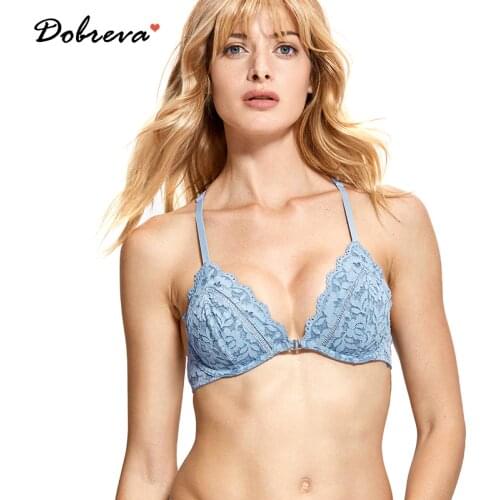 DOBREVA Womens Underwire Front Closure Bralette Lined Floral Lace Plunge Bra