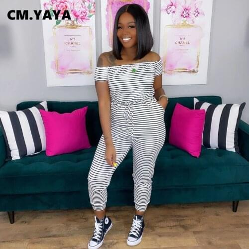 CM.YAYA Women Striped Off Shoulder Jumpsuit Active Short Sleeve Classic One piece Overall Bodycon Romper Sport Outfit Playsuit