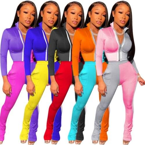 2021 Womens Color Block Splicing Fashion Leisure Sports Two Piece Set