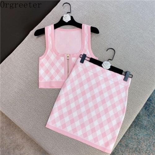 Sweet Pink Knit Plaid Suits Female Sexy U collar Camisole + Bodycon Mini Skirt 2 piece Sets Women Tank Tops Shorts Women Outfits