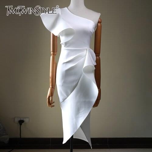 TWOTWINSTYLE Asymmetrical Patchwork Ruffle Dress For Women O Neck Short Sleeve High Waist Sexy Slim Dresses Female Fashion New