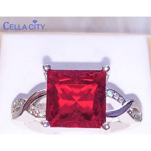 Cellacity Luxury 925 Silver Ring For Women With Big Ruby Square Gemstone Charm Female Jewelry Engagement Wedding Party Gift