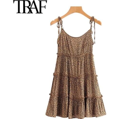 TRAF Women Chic Fashion Leopard Print Ruffle Mini Dress Vintage Backless Elastic Bow Tied Straps Female Dresses Mujer