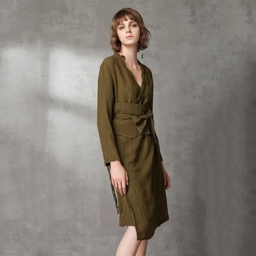 2018 New Arrival Summer Fashion High Waist Linen Slim Dress Women V-Neck Long Sleeve Garment T1806024