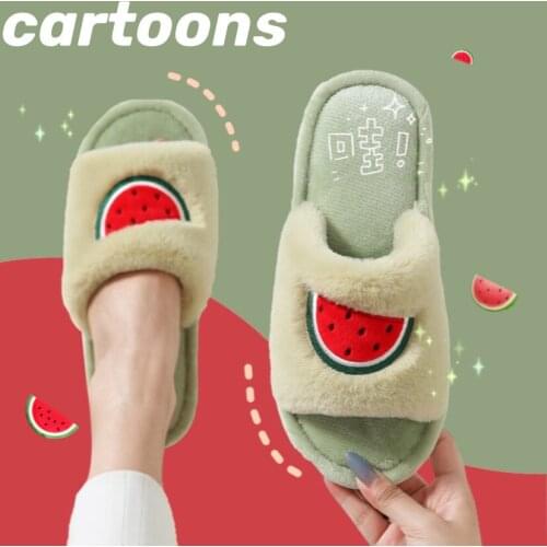 Winter Fur House Women Slippers Cute Cartoon Fruit Avocado Strawberry Bedroom Couples Shoes Warm Plush Ladies Furry Slides