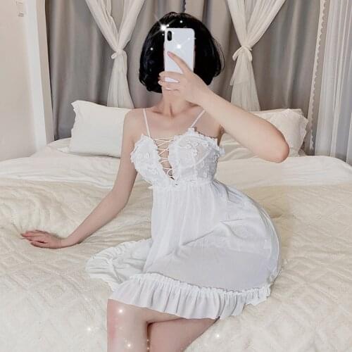 2021 White Tie-Up Sling Nightdress Women Sexy Lingerie Lace Stitching Embroidered Backless Sleepwear Female Temptation Nightwear