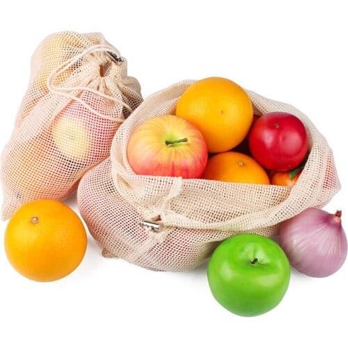 3pcs/Set Natural Cotton Drawstring Pouch For Vegetable Fruit Mesh Net Bag Super Market Factory Direct Sale Can Be Customized