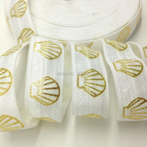 White Gold Foil Shell Print Fold Over Elastic 5/8" Shell Foldover Elastic Ribbon Wholesale FOE for DIY Headwear 10Yards/lot
