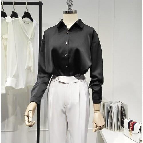 Womens Spring Summer Runway Fashion Black Satin Shirt Female Casual Loose Office Lady Basic Blouse Tees Tops TB1707