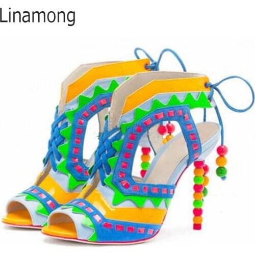 Hot Beading Spliced Heels Sandals Geometry Suede Patchwork Multi Beads Slingback Lace Up Sandals Peep Toe Stage Show Shoes