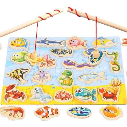 Wooden Toys Children Early Educational Magnetic Color Box 32 Double Poles Marine Life Cognitive Fishing Game