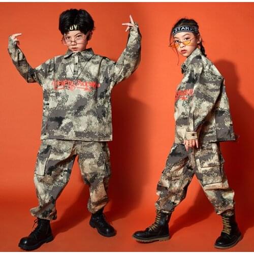 2021 Children Jazz Dance Costumes Long Sleeve Camouflage Hiphop Suit Boys Girls Modern Dance Hip Hop Clothes Stage Wear DQS6763