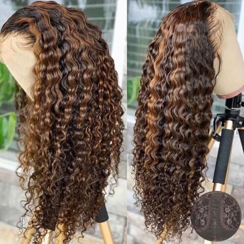 Highlight Curly Human Hair Wigs Transparent Lace Wigs 180% Density Scalp Top Pre-plucked Wigs With Baby Hair Remy Bleached Knots