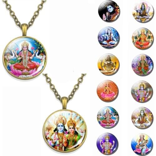 Lakshmi Goddess Pattern Bronze Retro Pendant Necklace Hinduism God Ganesh Glass Cabochon Jewelry Necklace Amulet Gift