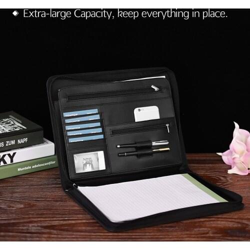 Zippered Multifunctional A4 Portfolio Professional Padfolio File Organizer with Writing Pad Card Pocket for Businessmen Manager