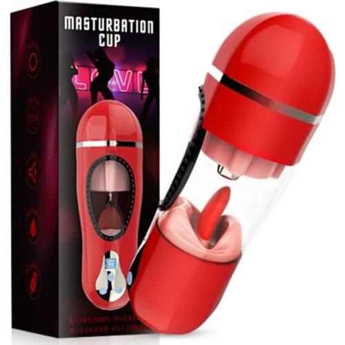 Male Masturbator Cup Pocket Pussy Vagina+Mouth Tongue Lick Vibrator Heating Voice Penis Suck Massager Real Vagina Sex Toys