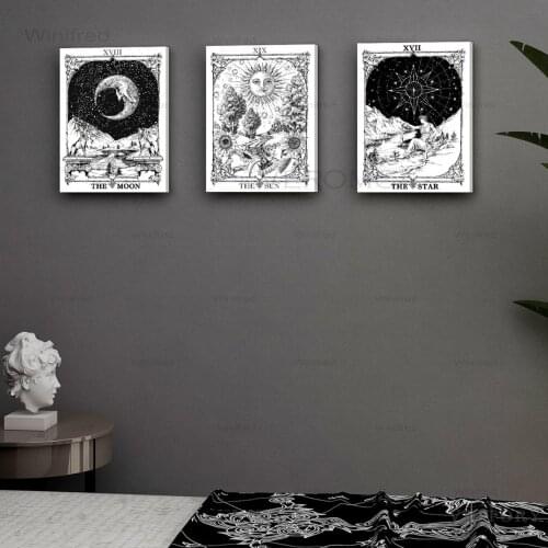 Tarot Card Wall Art Canvas Painting Black and White Sun Moon Star Poster Hippie Nordic Boho Bedroom Living Room Bathroom Decor