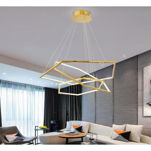 2020 New Post-modern Luxury Gold Chandelier Minimalist Geometric Hexagonal line LED Suspension Light For Living room