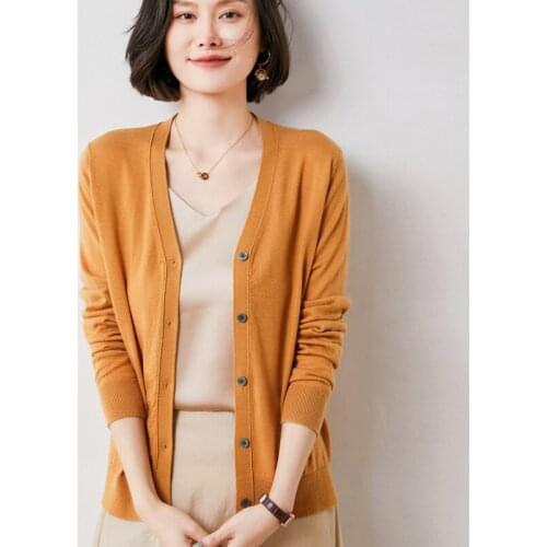 Spring and Autumn New Pure Wool Knit Cardigan Long Sleeve V-neck Loose Jacket Knitted All-match Sweater Womens Top