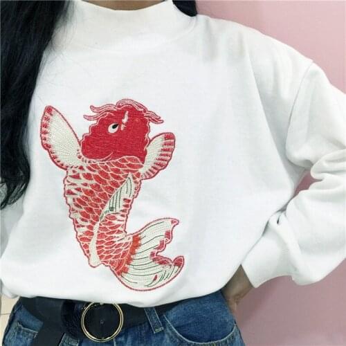 New Autumn Hoodies Women Chinese Style Hoodies Cotton Cute Koi Embroidery Hoodie Loose Round Neck Pullovers Casual Man Hoodie