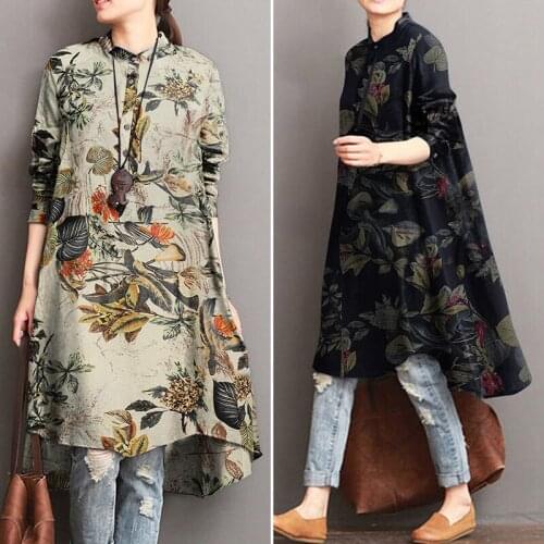 2021 ZANZEA Autumn Womens Floral Blouses Elegant Shirt Vestidos Casual Long Sleeve Long Tops Female Printed Tunic