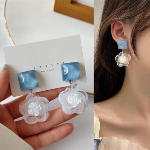 Romantic Cute Blue White Flower Petal Pendant Drop Earrings for Women Girls Teens Korean Fashion Earrings 2021 Trend New Arrival