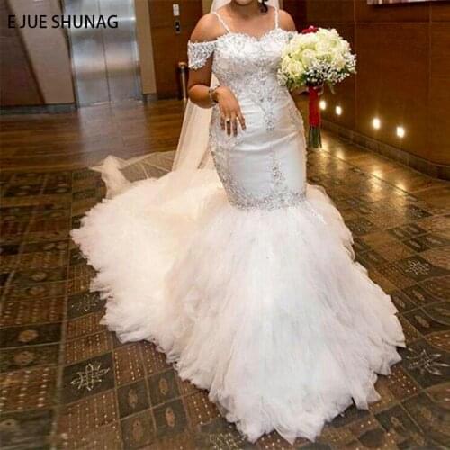 E JUE SHUNG Off the Shoulder Mermaid Luxury Wedding Dresses Beaded Lace up back Bridal Gowns robe de mariee