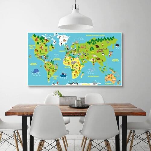 Nordic Kawaii Animal World Map Canvas Painting Art Printing Poster Pictures Children Bedroom Living Room Decoration BA093