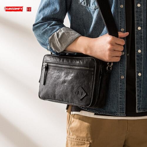 Genuine Leather Messenger Bag Mens Casual All-Match Shoulder Bag Cowhide Leather Fashion Crossbody Bag Simple Horizontal Small