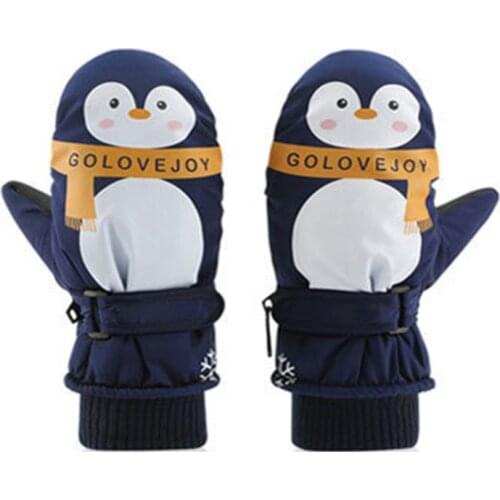 Kids Boy Girl Cartoon Penguin Waterproof Gloves Double Layer Ribbed Cuff Adjustable Anti-Slip Winter Ski Windproof Mittens 7-12T