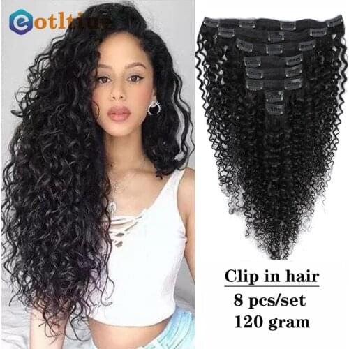Clip In Hair Extensions Human Hair Malaysia Kinky Curly Clips Ins Hair 8 Pieces Full Head 120 g/Set Natural Color Remy Hair