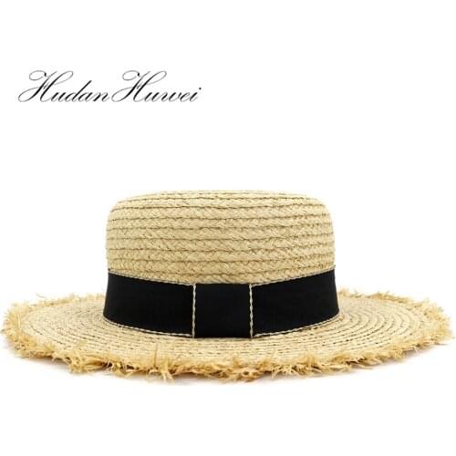 Korean Style Summer Beach New Raffia Hand Crochet Straw Hat with Black Ribbon Cap Women Lady Sea Beach Hat