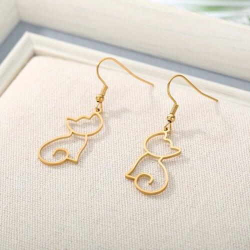 Cute Animal Cat Fashion Earrings For Women Lover Rose Gold Stainless Steel Female Long Earrings Unusual Ear Jewelry For BFF Gift