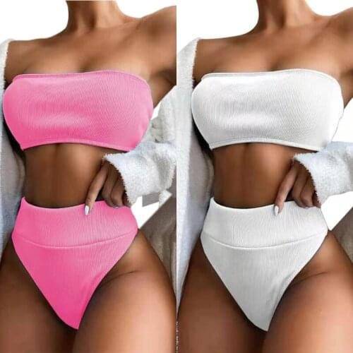 Women Sexy 2pcs Solid Color Bikini Set Strapless Ribbed Bandeau Thong Swimsuit