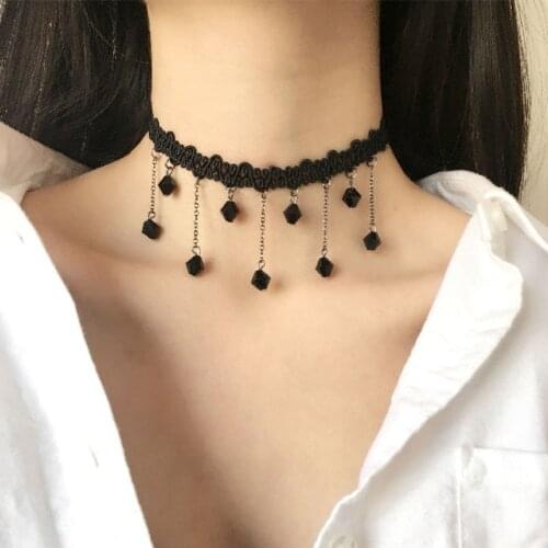 Short black crystal necklace with tassel and hand woven lace collar Necklace