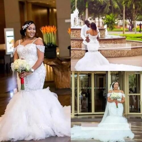 Plus Size Wedding Dresses Spaghetti Straps Lace Appliques Beadding Capped Mermaid Wedding Dress Tiered Tulle Long Bridal Gowns