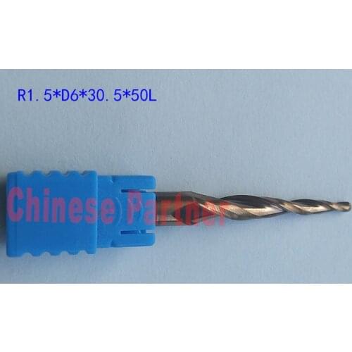 1pc R1.5*D6*30.5*50L*2F HRC55 Golden Tungsten solid carbide Tapered Ball Nose End Mills cone milling cutter wood tool