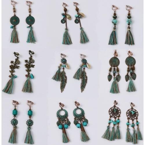 Antique Bohemian Ethnic No Pierced Clip on Earrings Natural Stones Leaf Long Fringe Tassel Earring Brincos Ear Clips Jewelry