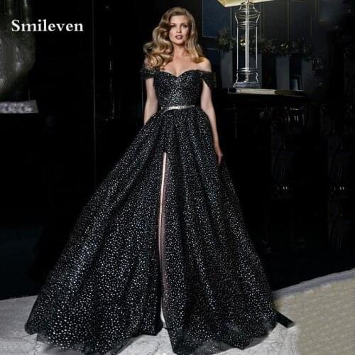Smileven Shiny Off The Shoulder Formal Evening Dresses Glitter tulle Sexy Side Split Prom Gowns 2021 New Party Formal Dress